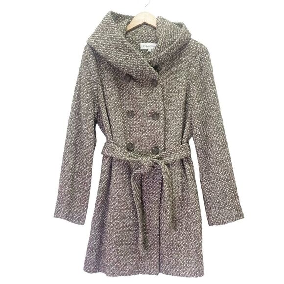 NEW Calvin Klein Tweed Belted Coat With Hood Tan Brown Cream Wool Size 12 NWOT - Picture 2 of 12